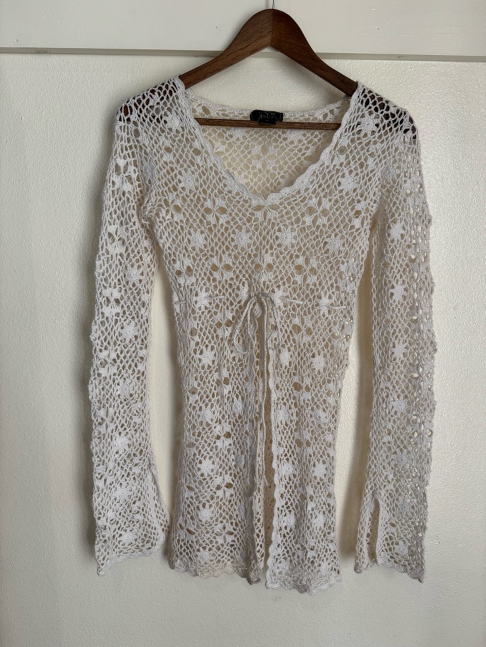 Eye Candy Crochet Lace Top Boho Cottagecore Sheer Tie Front Long Sleeve Youth XL